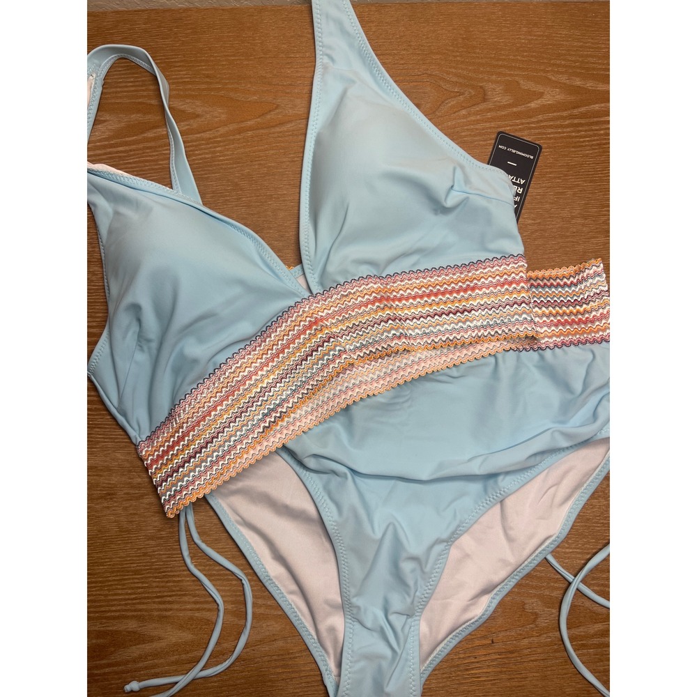 Blooming Jelly Womens High Waisted Bikini Set V Neck Tummy Control Blue Boho NEW - Picture 2 of 3